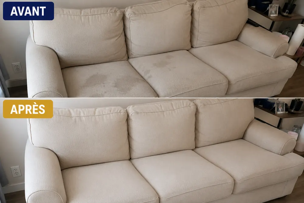 Rénovation canapé beige — avant / après